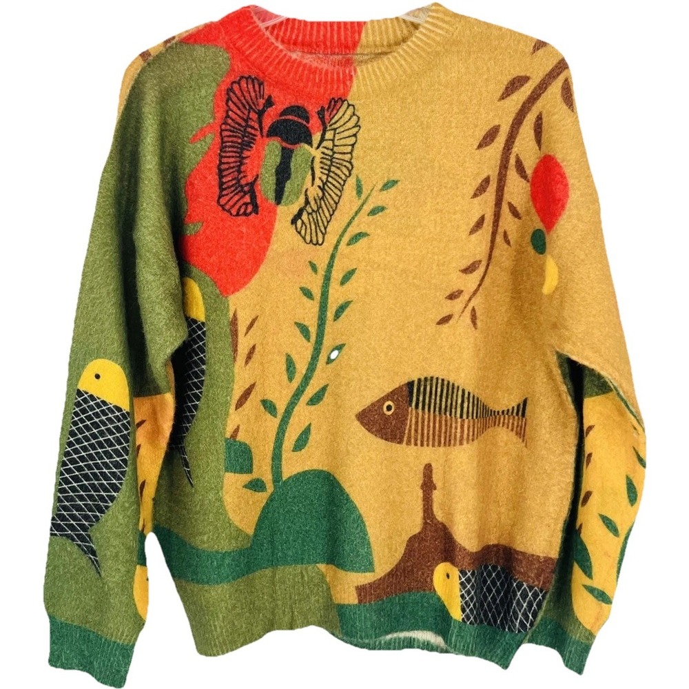 Nature‎ Art Sweater Womens M Bird Fish Cottagecore Abstract Knit